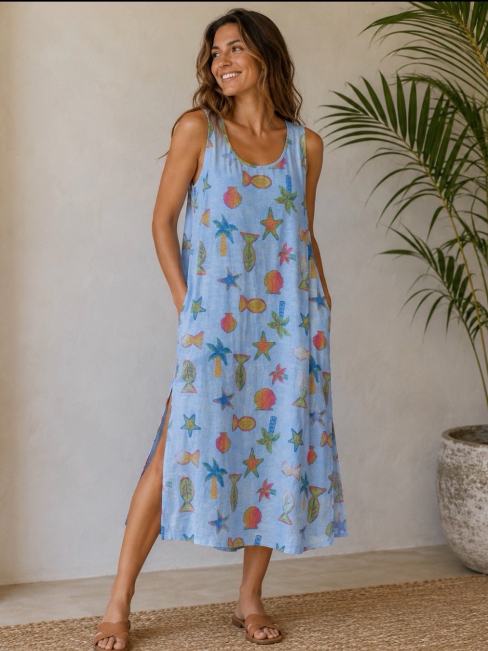 Vintage ICanToo Hawaiian Print Tank Dress sz XL 100% Cotton Beach Vacation Pool